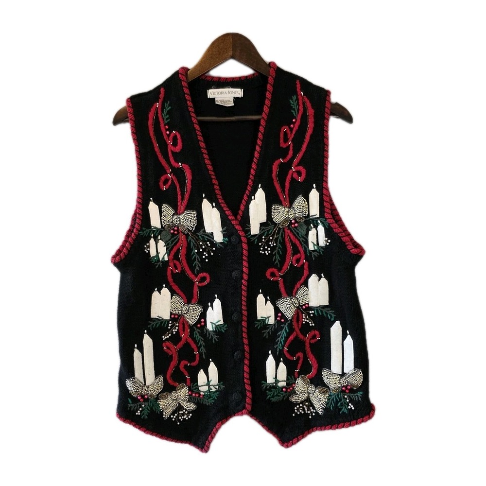 Victoria Jones Sweater Vest Womens Large Black Christmas Candles Beaded Sequins